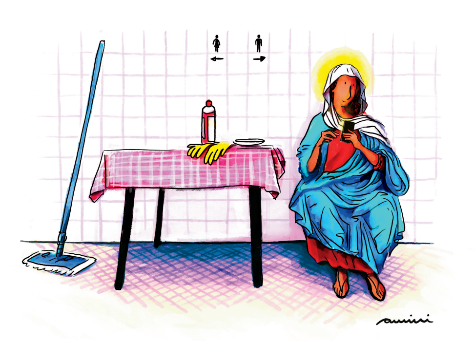 Maria-ähnliche Frau an Tisch vor öffentlicher Toilette