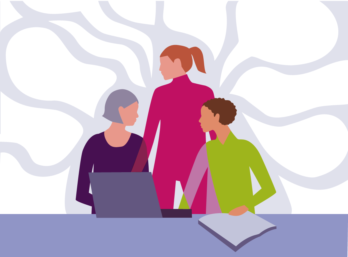 Drei Frauen an einem Tisch mit Buch und Laptop