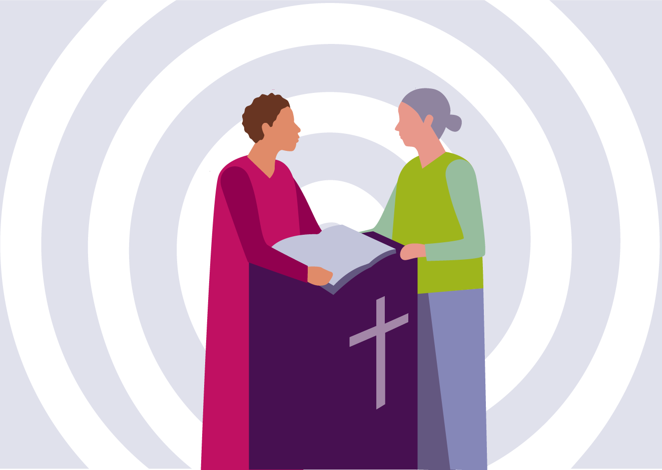 Illustration mit zwei Frauen an einem Tisch mit Kreuz und einem BuchBibel 
