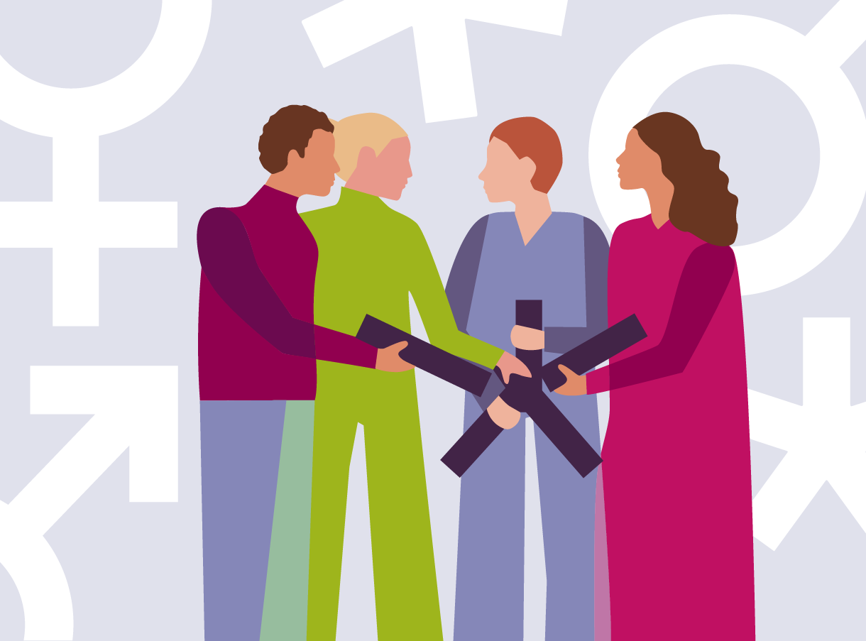 Illustration mit 4 Personen, die gemeinsam eine Art unvollstaendigen Stern halten. Teil ist beschädigt. e Zasich an den Haenden haltend