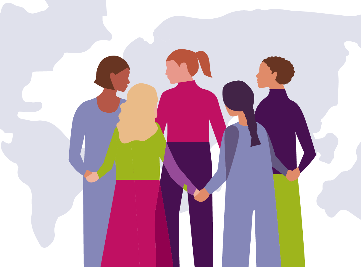 Illustration mit mehreren Frauen, sich einander an den Haenden haltend