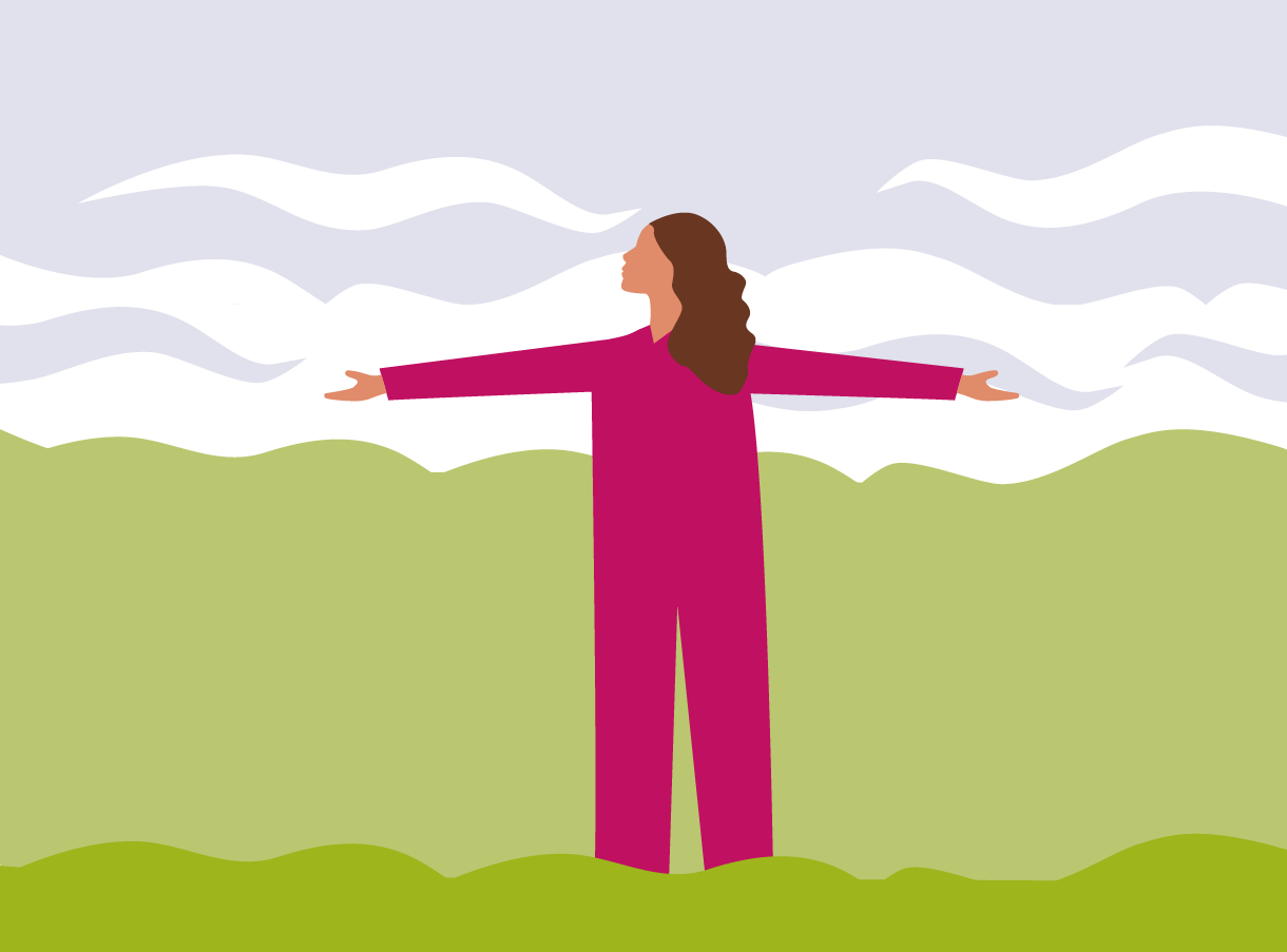 Illustration mit einer Person mit gestreckten Armen vor Himmel mit Wolken