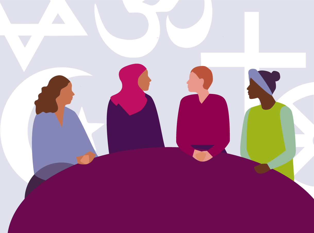 Illustration mit vier sitzenden Frauen, mit unterschiedlichen Kopfbedeckungen, Hautfarben, Kleidung 