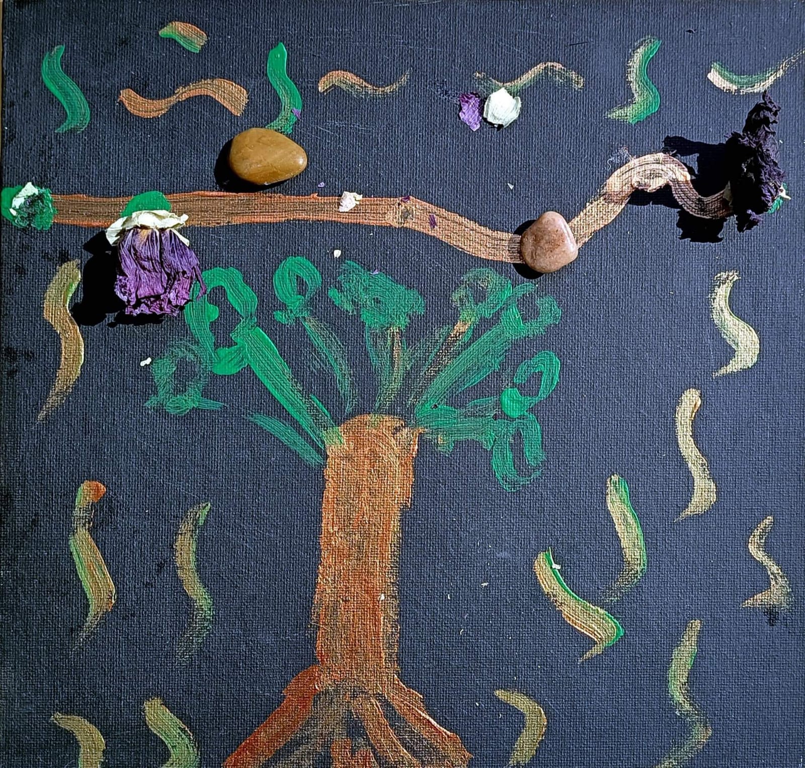 Gemaltes Bild mit Baum und Steinen